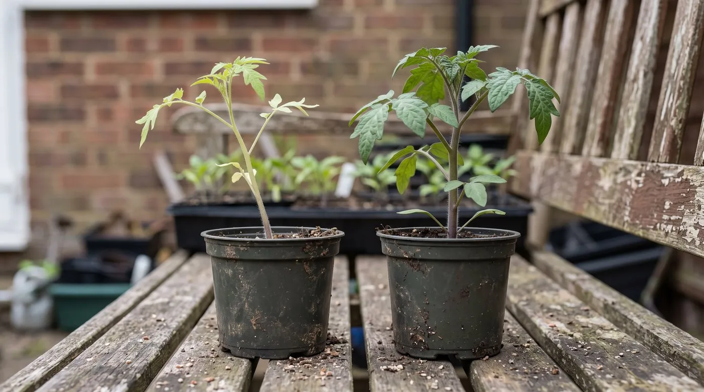 Soft pale windowsill tomato seedling next to a stockier, darker hardened-off plant