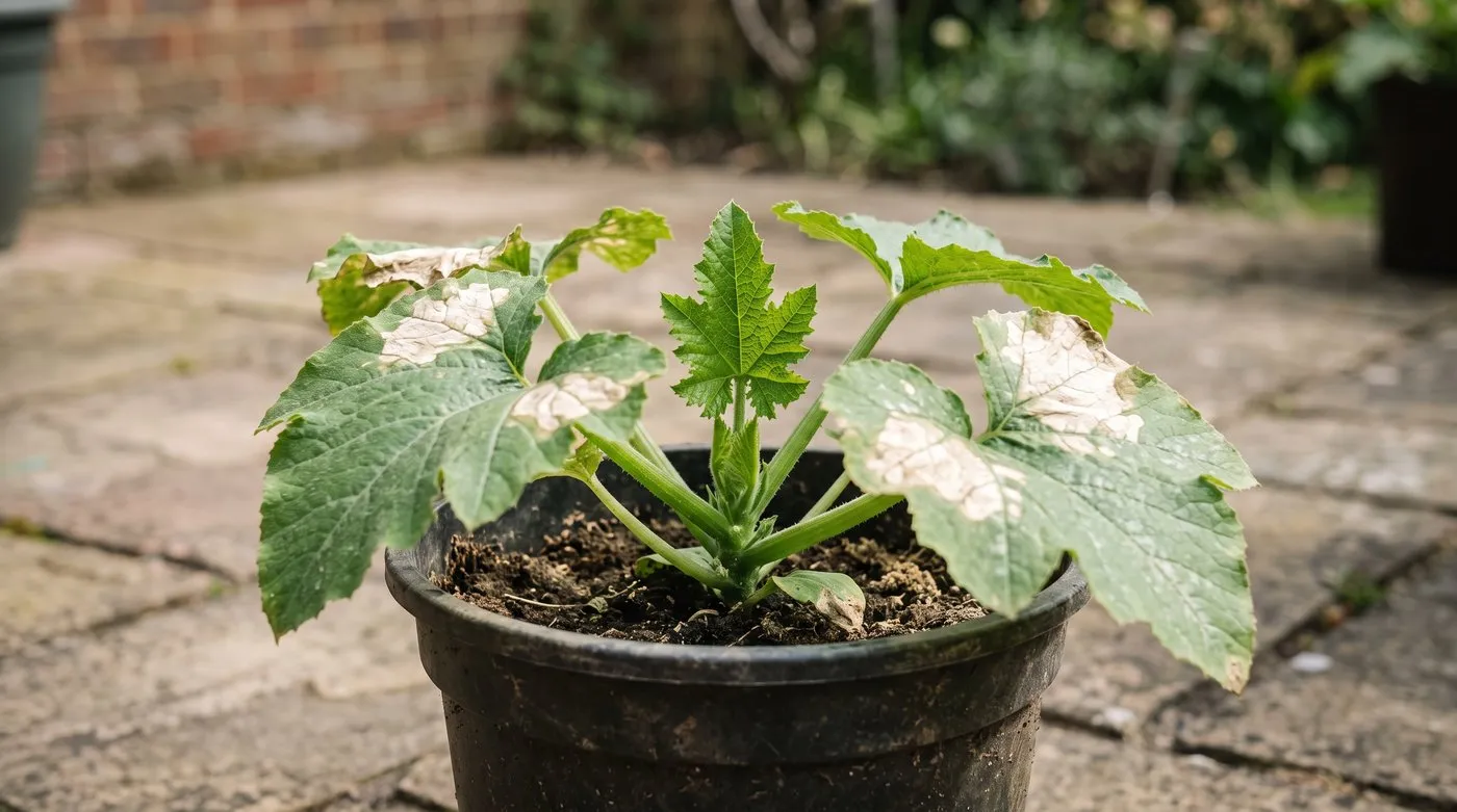 Young courgette plant with bleached, sun-scorched patches on its leaves and healthy new growth