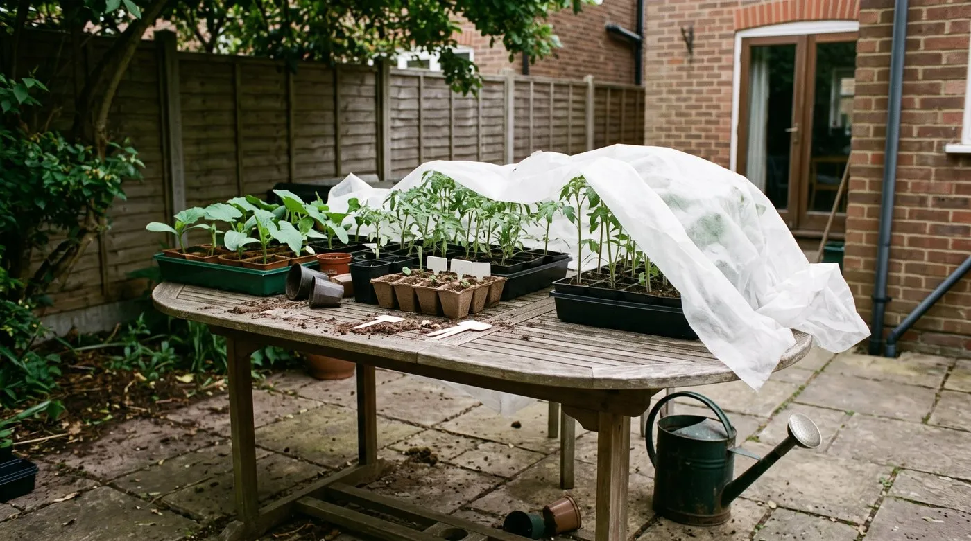 Seedling trays set out in dappled shade against a sheltered fence for their first days outdoors