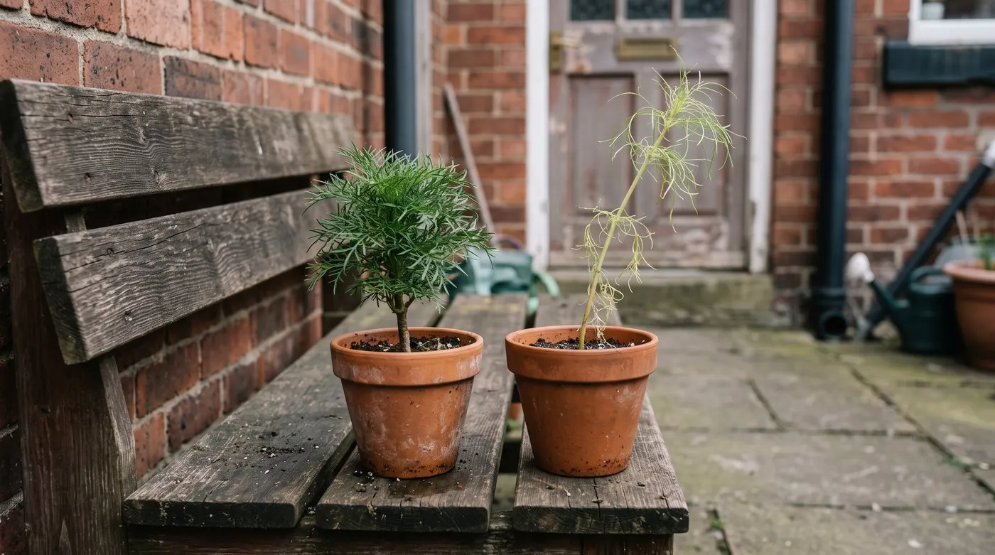 Short, bushy cosmos plant beside a tall, pale, leggy one in matching pots