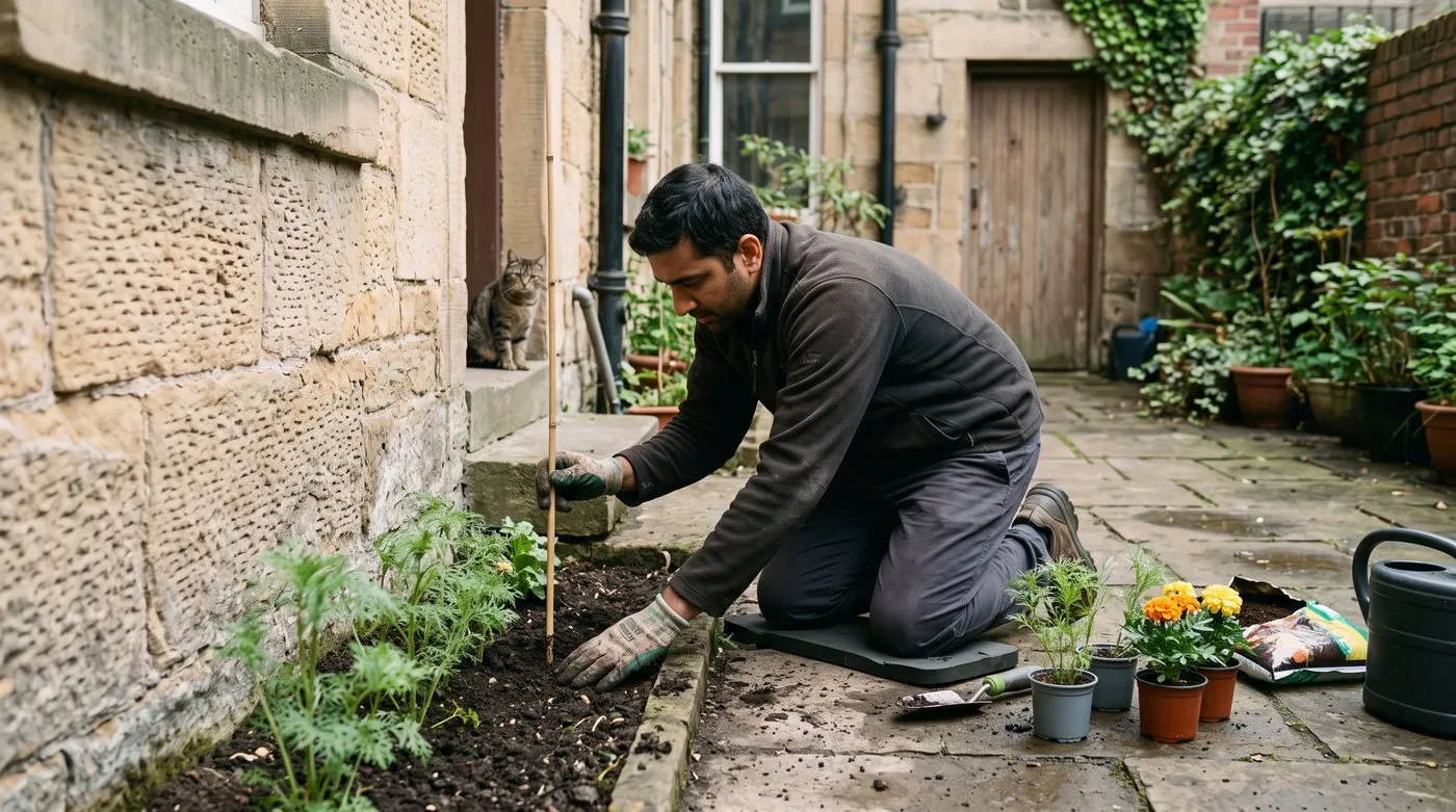 Gardener planting a young cosmos with a cane beside a sheltered stone wall in a courtyard