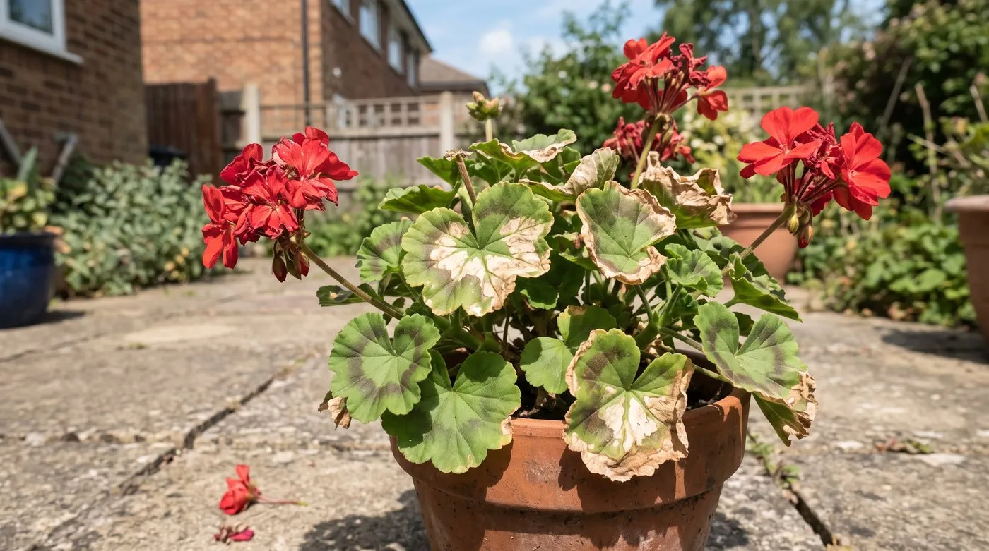 Pelargonium leaves with pale scorched patches and brown edges after going straight outside
