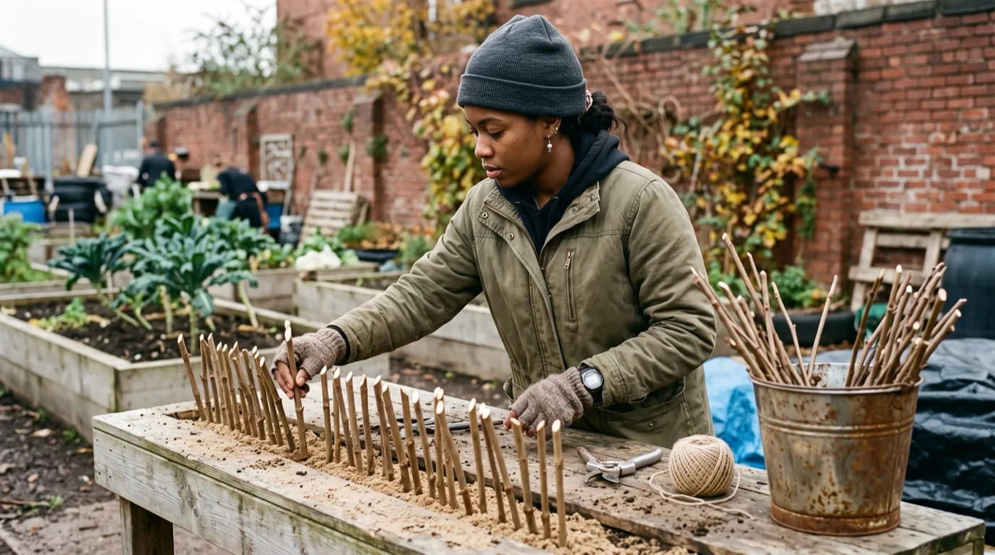 A Black British woman in her twenties lining up prepared hardwood cuttings on a bench before planting