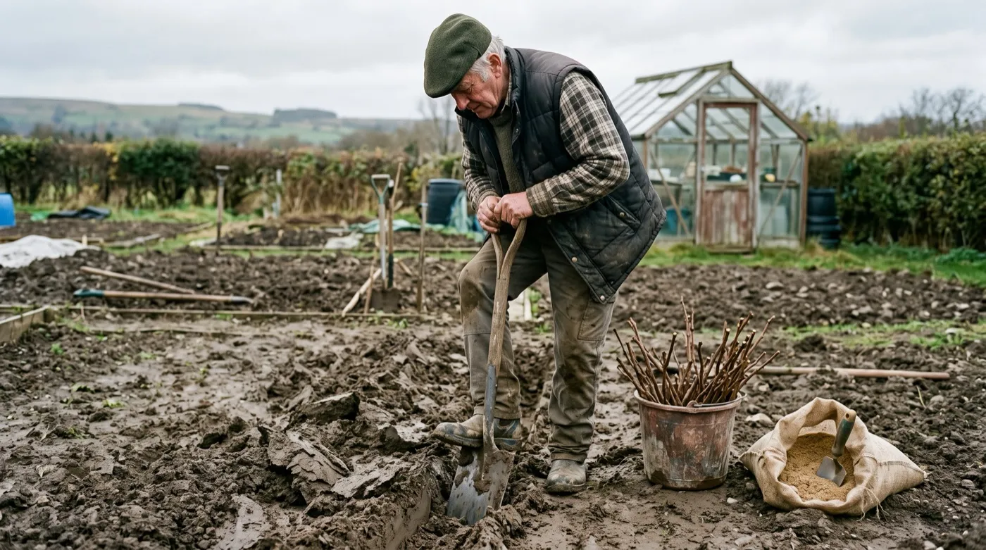 A man in his seventies opening a slit trench with a spade ready for hardwood cuttings on an allotment