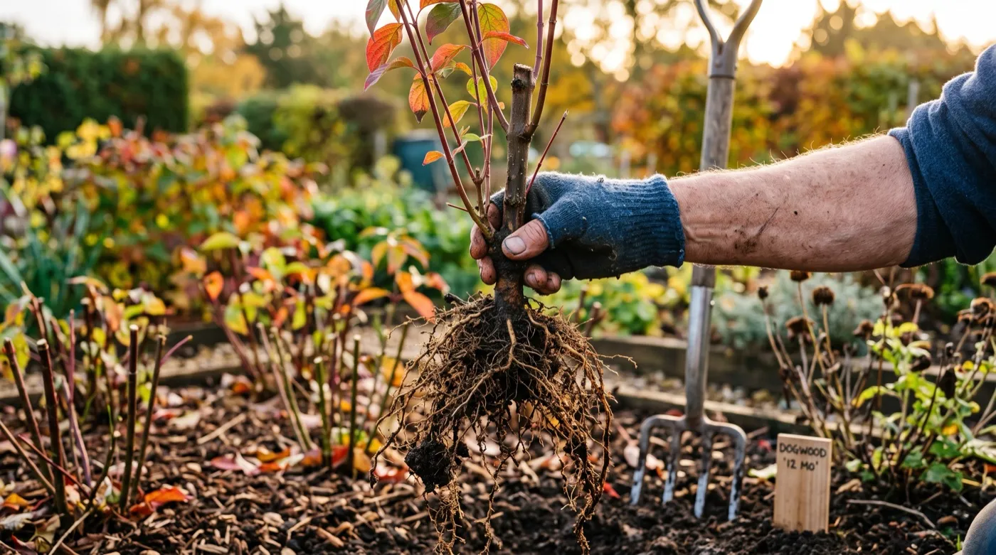 Rooted hardwood cuttings lifted after twelve months showing a full root system on dogwood