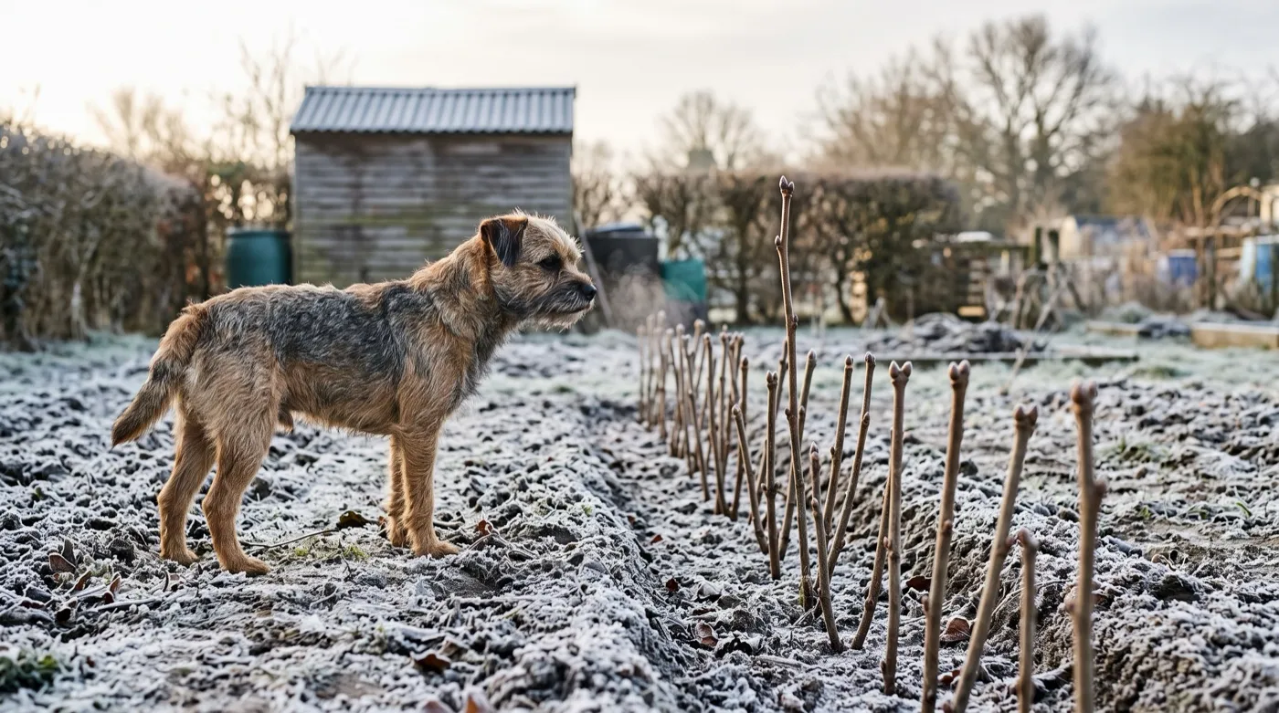 A terrier standing beside a row of hardwood cuttings in a frosted allotment trench in winter