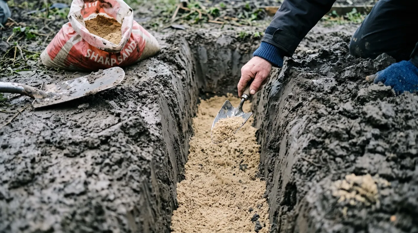 Sharp sand trickled into the base of a slit trench before hardwood cuttings are inserted