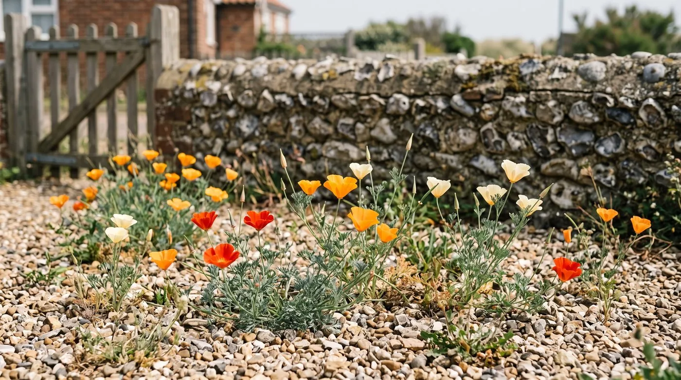 Orange and cream California poppies, a hardy annual from seed, flowering in a sunny gravel garden