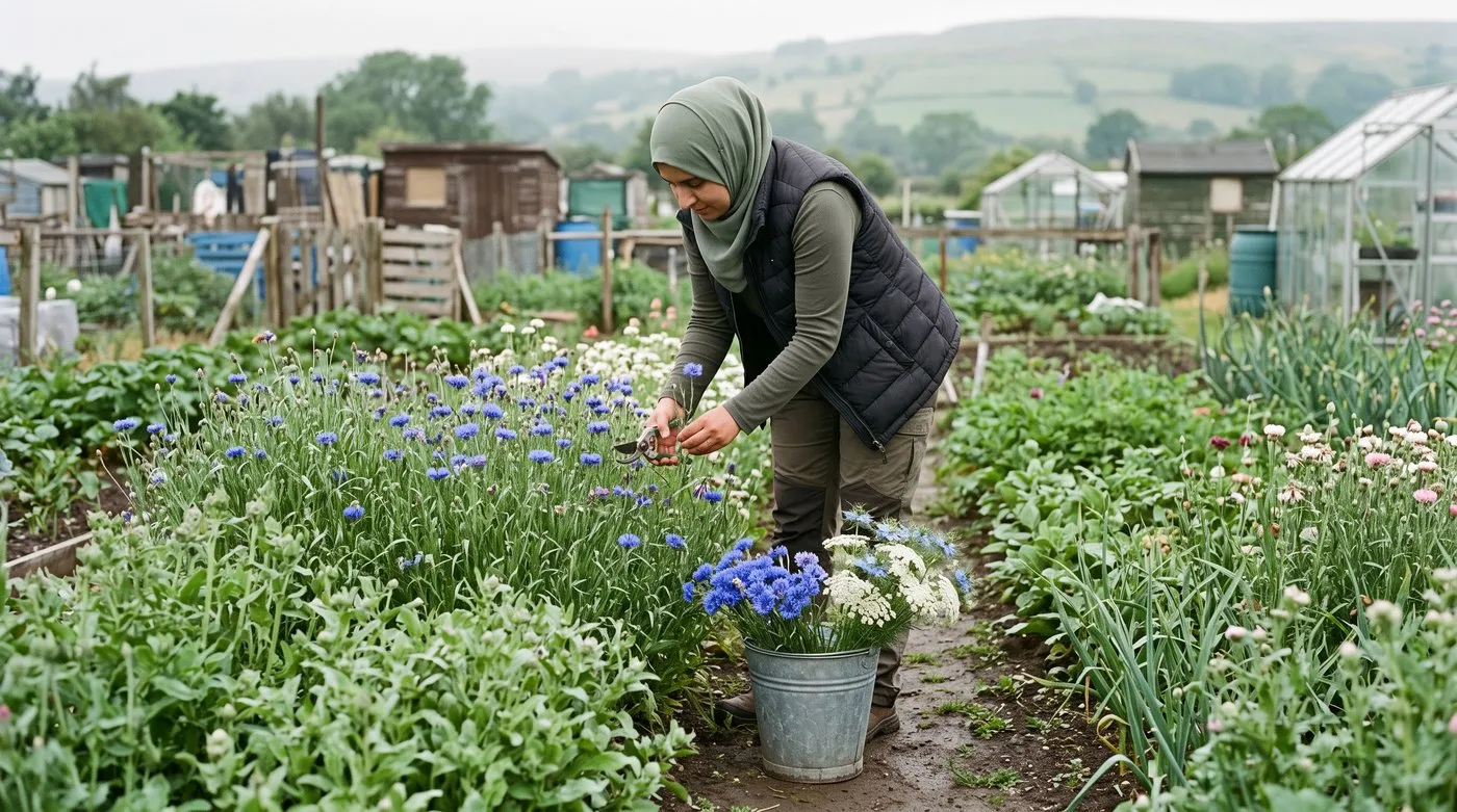Woman cutting cornflowers into a bucket of water early in the morning from a hardy annual cutting patch