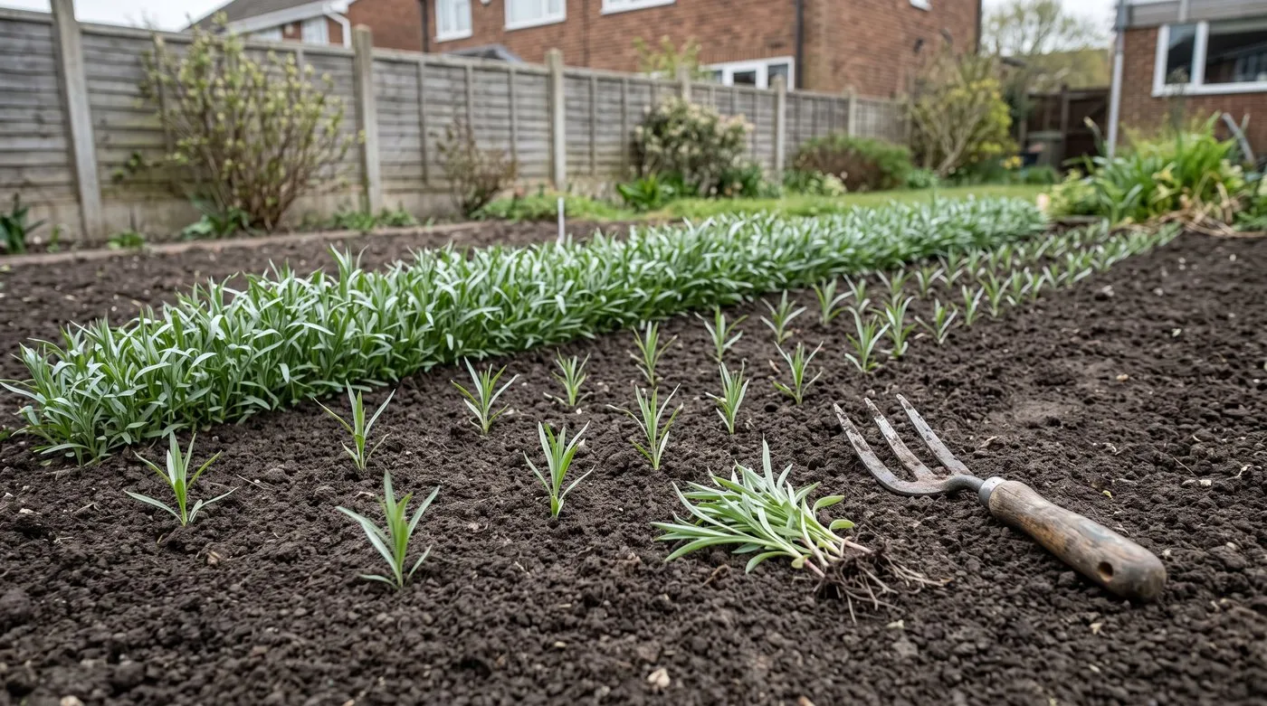 Rows of hardy annual cornflower seedlings, half thinned to 30cm apart and half still crowded