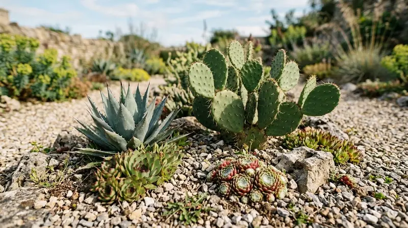 Opuntia prickly pear pads, a blue Agave, and Sempervivum houseleeks in a sunny gravel garden
