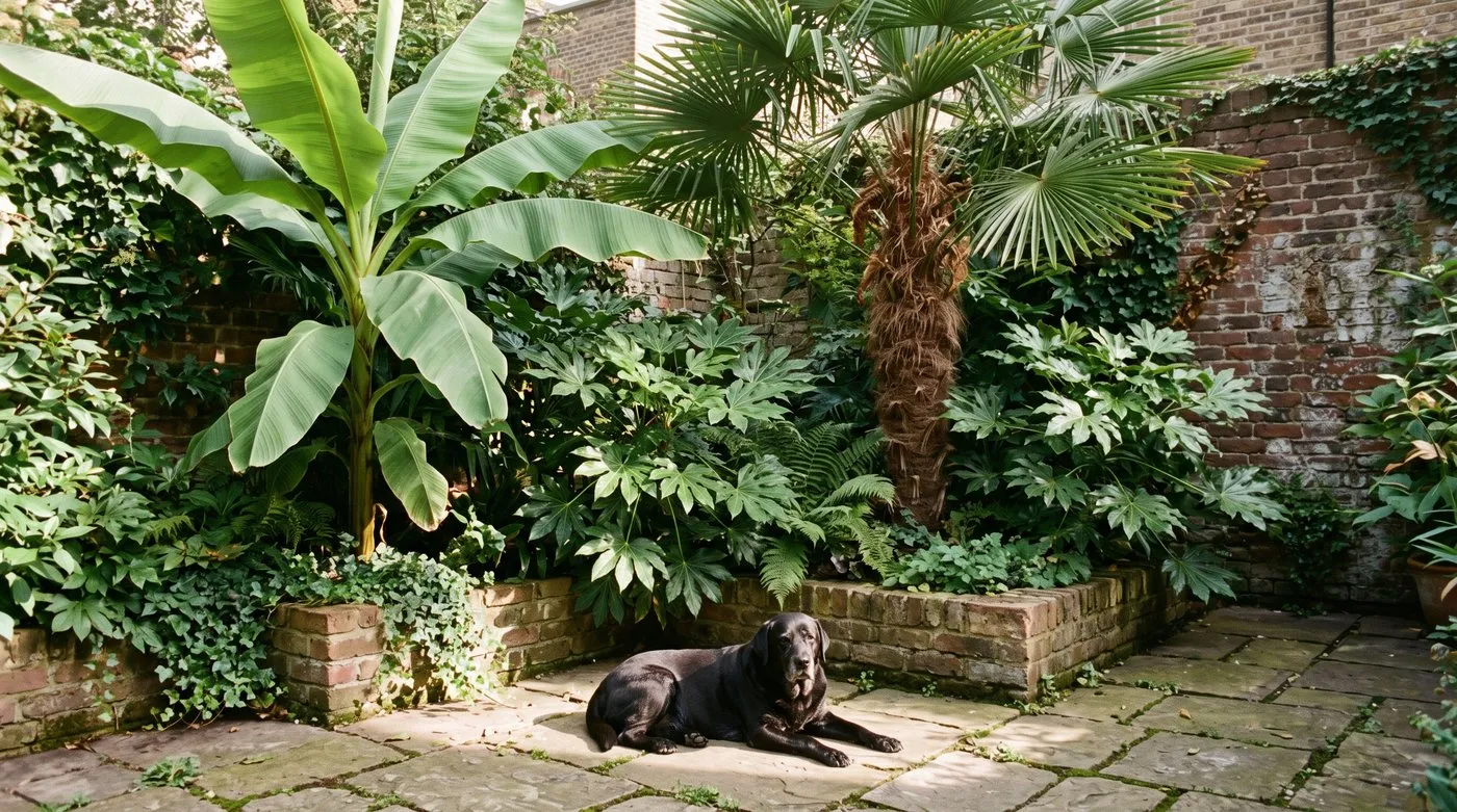 Banana, Chusan palm and Fatsia in a walled courtyard with a black Labrador lying on the paving