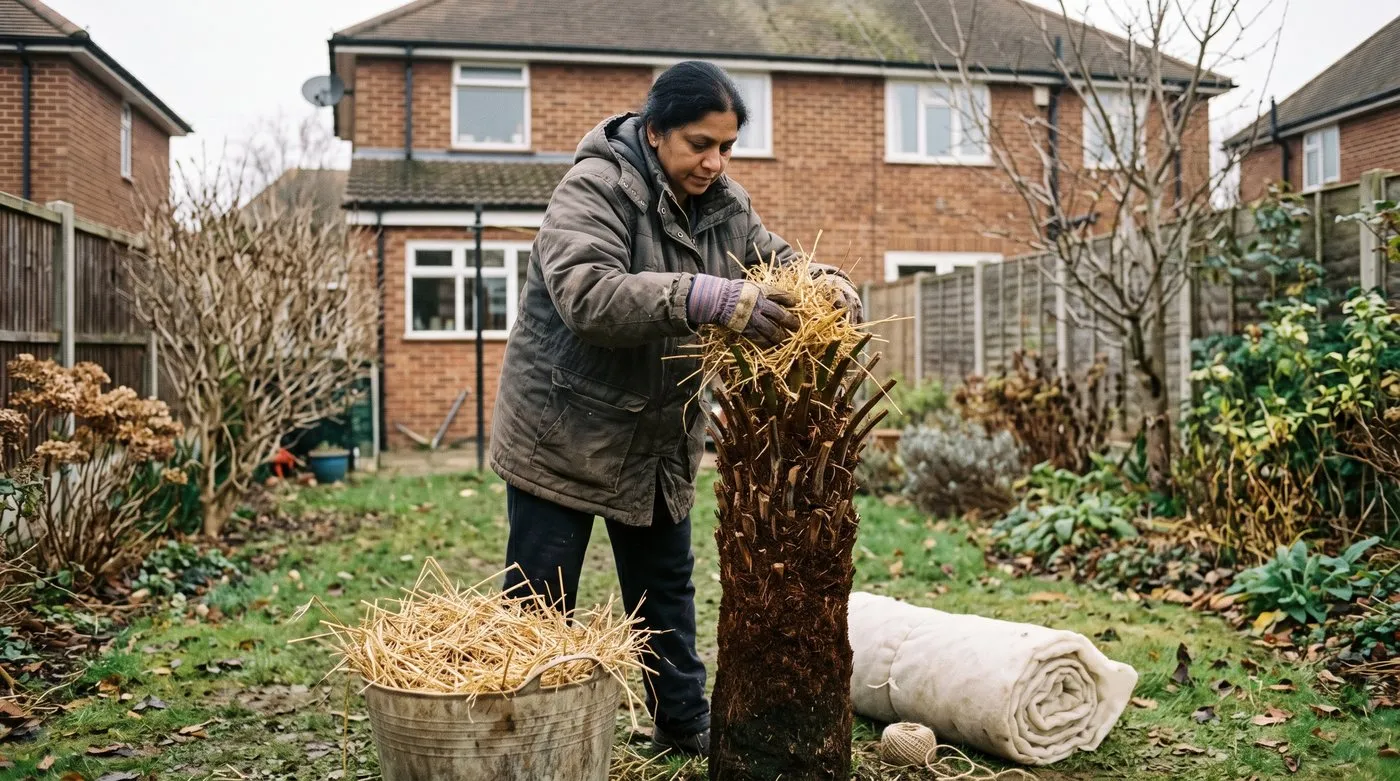 Woman packing dry straw into the crown of a tree fern in late autumn