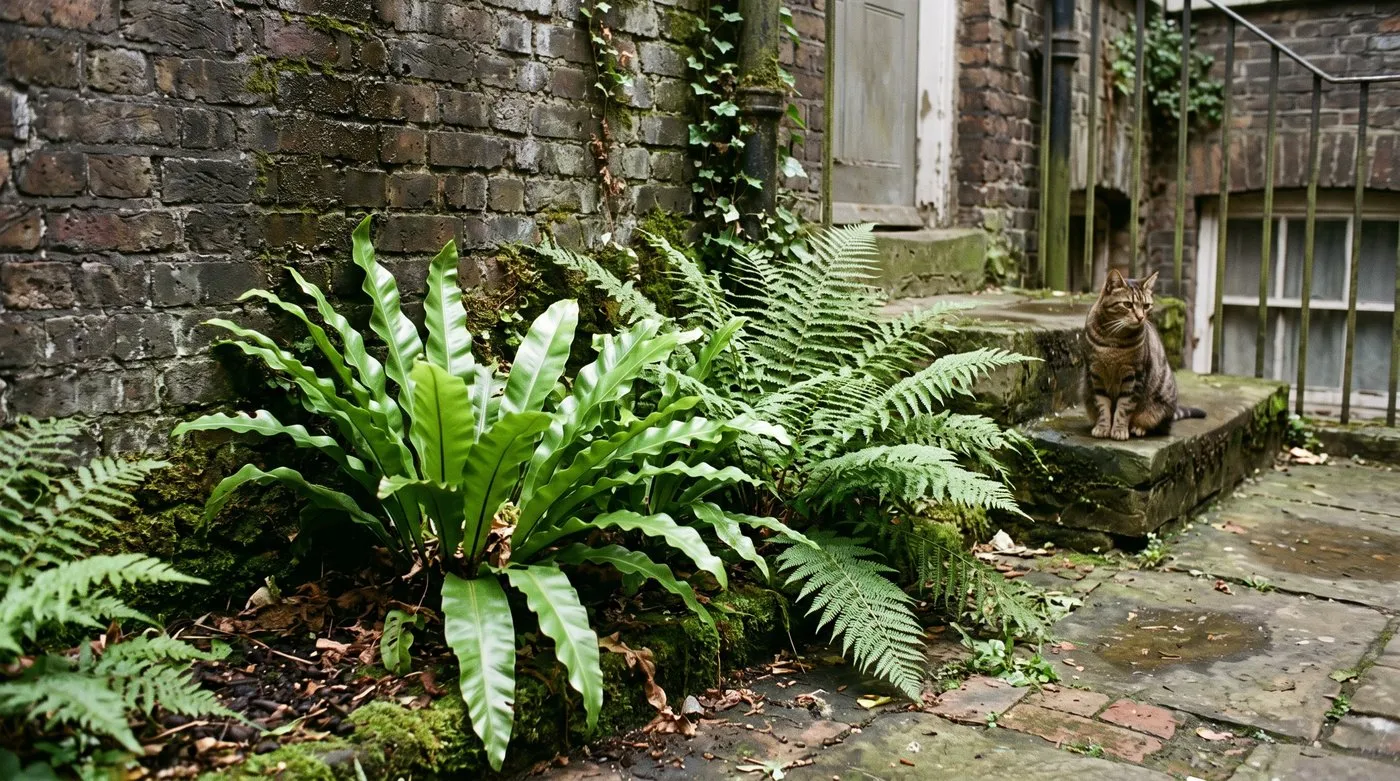 Hart's tongue and male ferns at the foot of a shady brick wall in a small courtyard with a tabby cat