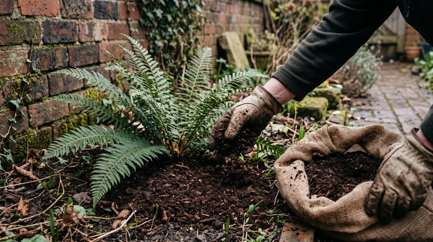 Gloved hands spreading leaf mould mulch around the base of a hardy fern in a shady border