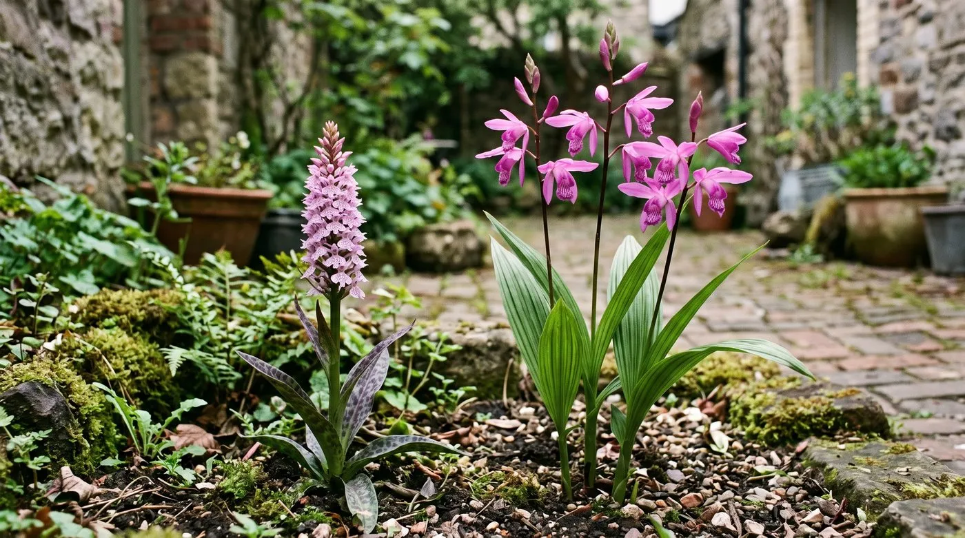 Dactylorhiza common spotted orchid flower spike beside a Bletilla clump showing the difference in flower form