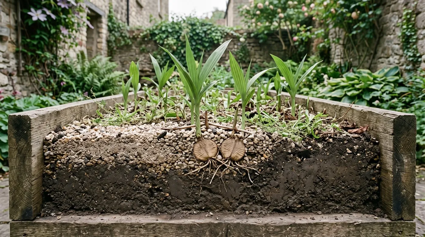 Cross-section of a raised grit planting bed showing Bletilla pseudobulbs sitting above the surrounding clay soil level