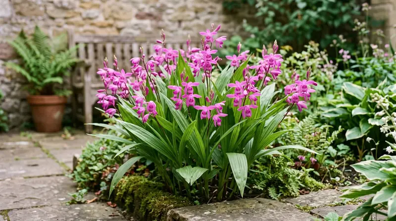 Bletilla striata hardy garden orchid in flower, magenta-pink blooms above pleated strap-shaped leaves in a UK courtyard
