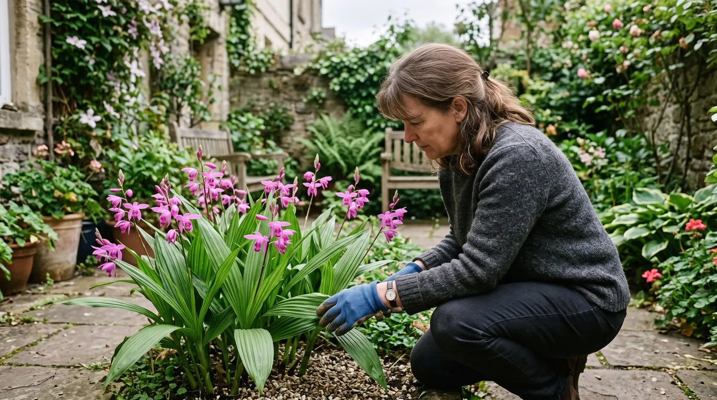A white British woman in her 50s inspecting Bletilla foliage and grit top-dressing in a Bristol courtyard garden
