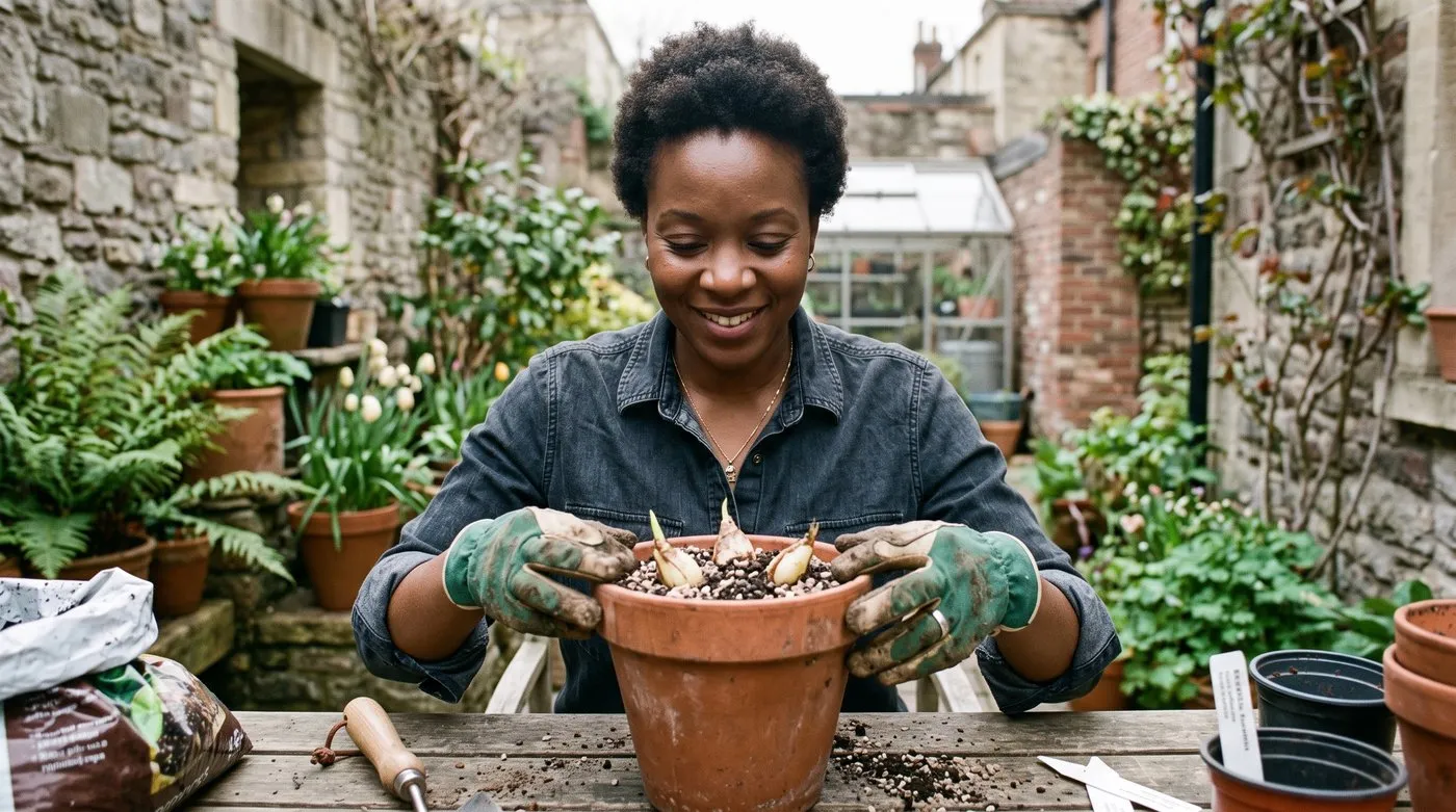 A Black British woman in her 30s potting Bletilla pseudobulbs into a gritty compost mix in a Bristol courtyard