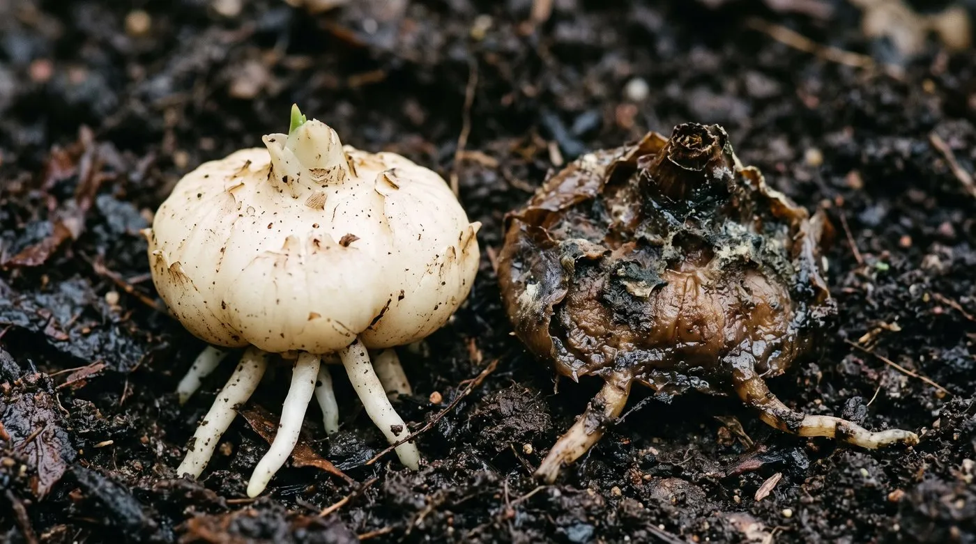 A firm healthy Bletilla pseudobulb beside a soft brown rotted one on dark soil for comparison