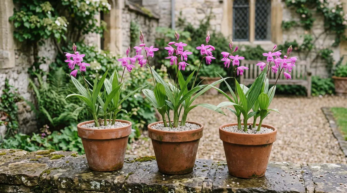 Three terracotta pots of Bletilla orchids on a Bristol courtyard wall, grit top-dressed, in full flower