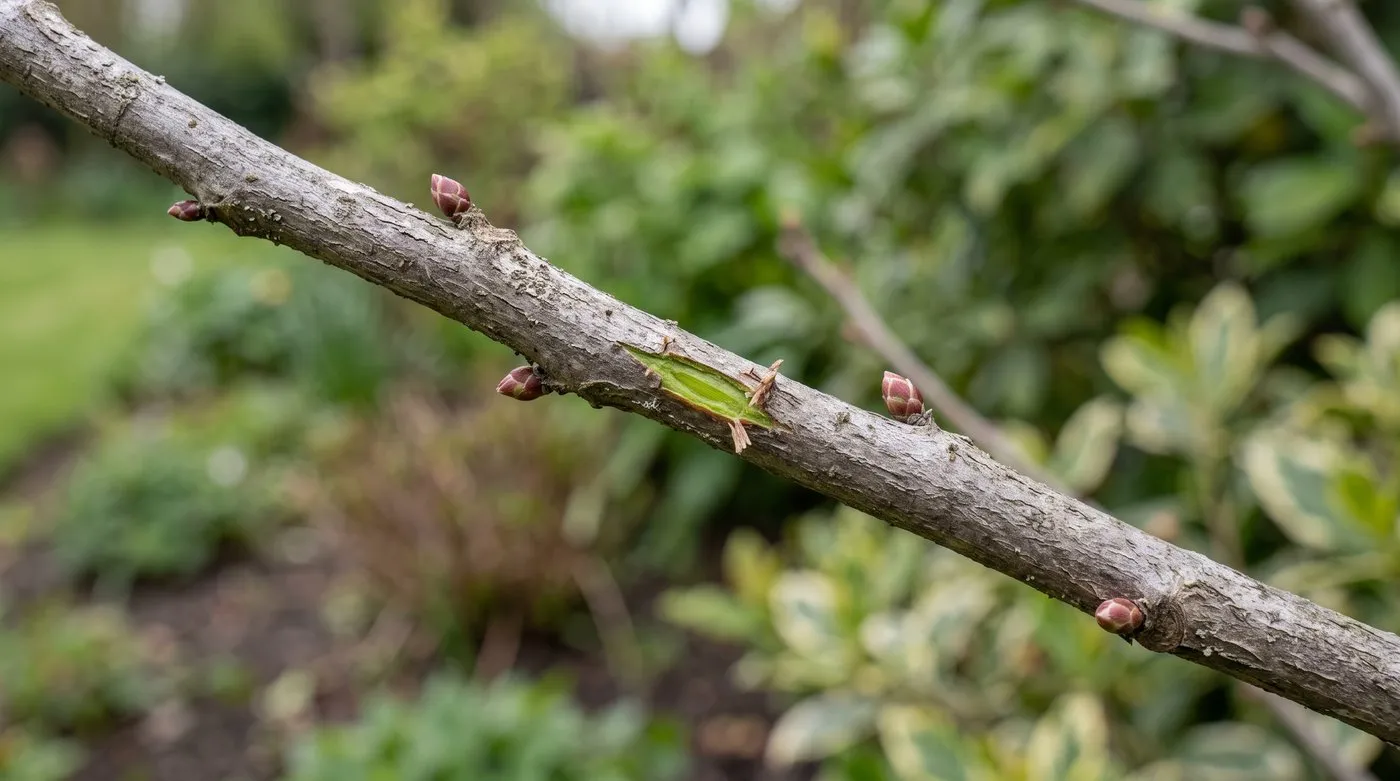 Bare hardy hibiscus stem in May with a small scratch showing healthy green tissue under the bark