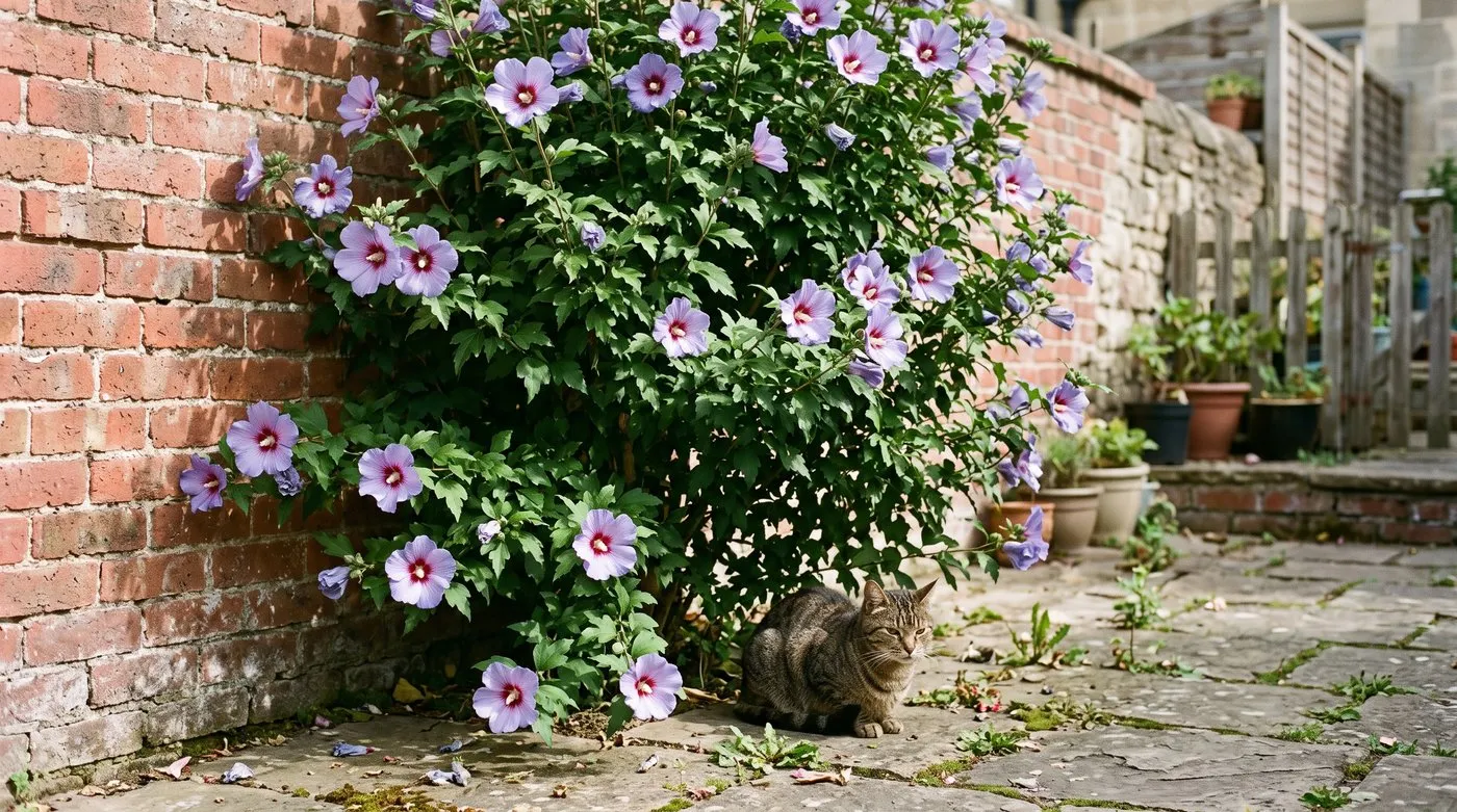 Hardy hibiscus with violet-blue flowers against a sunny brick wall in late summer, a tabby cat below