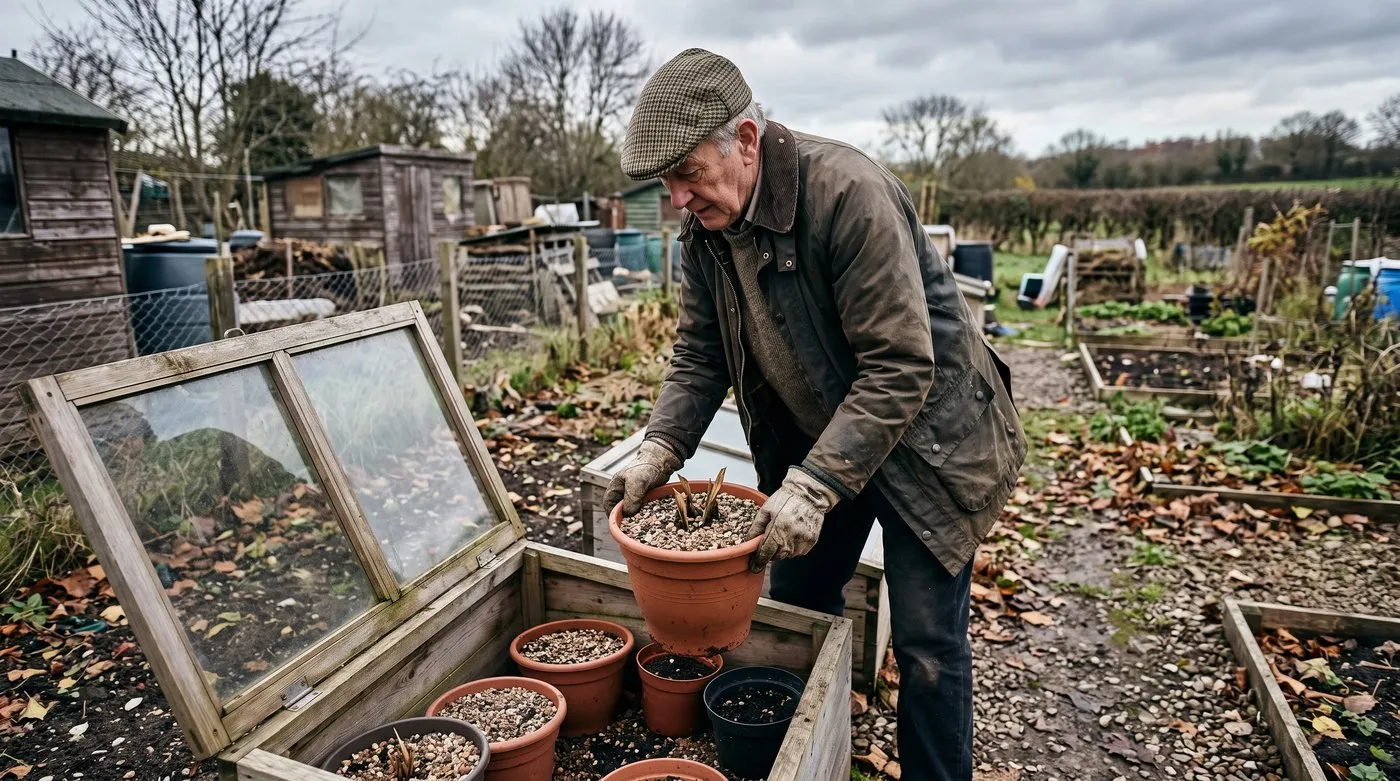 Older man moving a pot of dormant Bletilla into a cold frame on an allotment in November