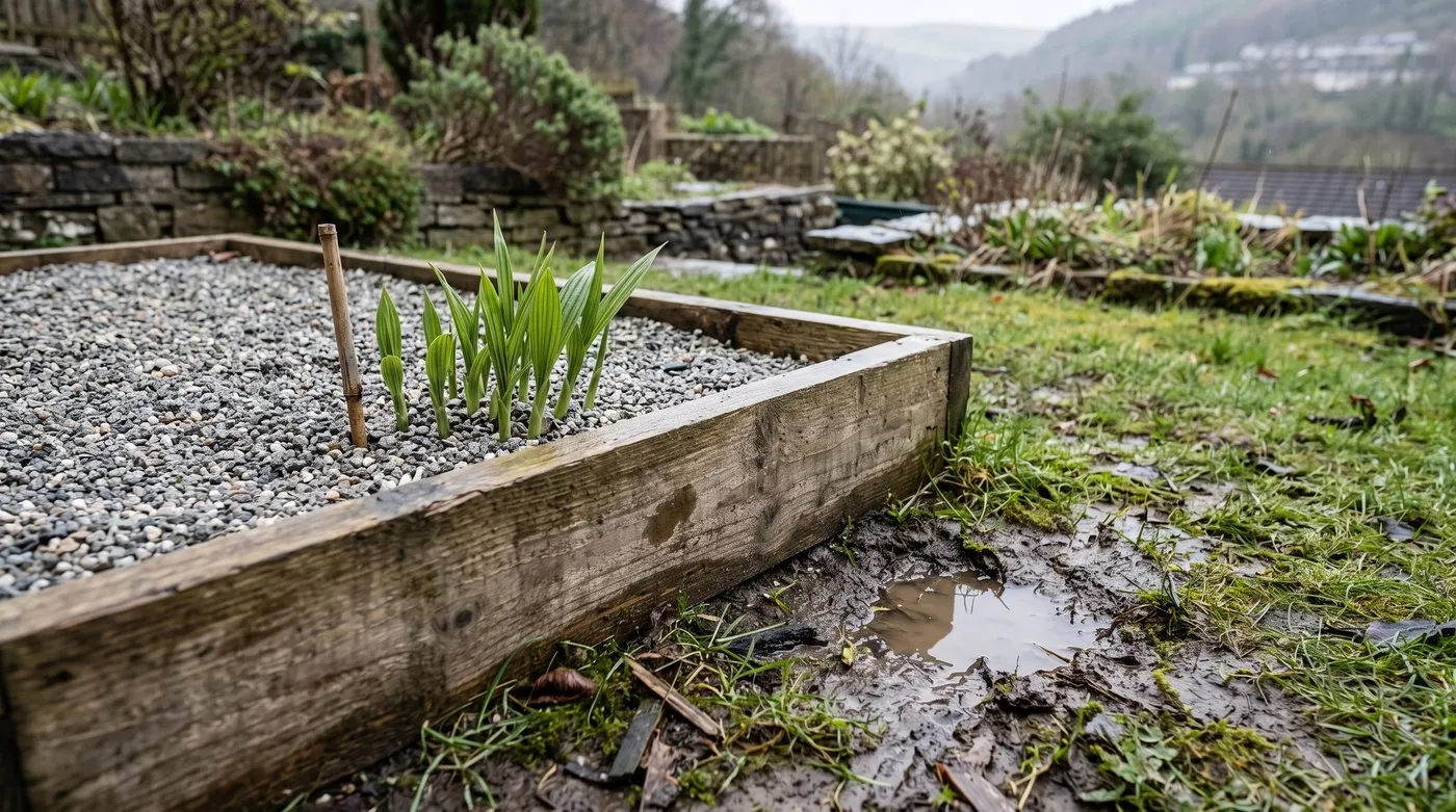 Young Bletilla shoots coming up through grit in a raised bed above wet clay soil