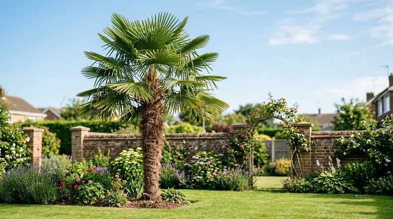 A tall mature Trachycarpus fortunei windmill palm standing in a sunny suburban UK garden