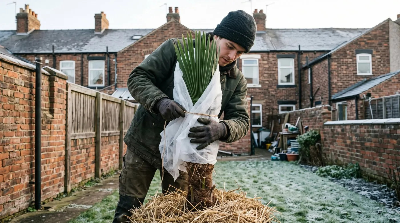 Gardener wrapping the tied-up crown of a young Chusan palm in fleece on a frosty morning