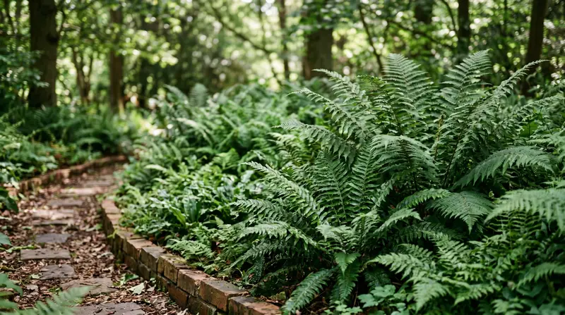 A UK shade garden fernery showing massed hardy ferns including Dryopteris and Polystichum in a brick-edged border under