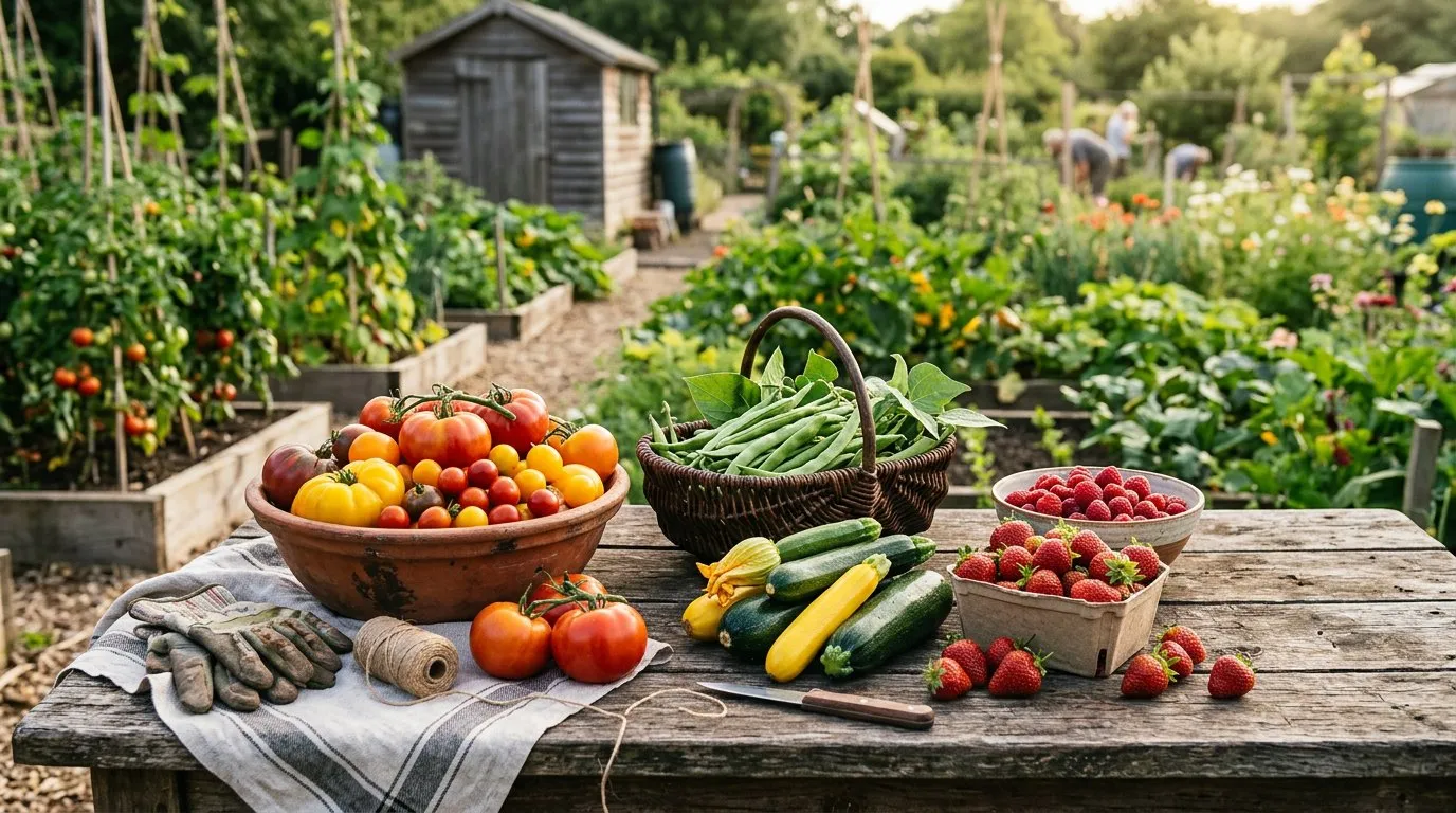 Abundant July harvest spread on a garden table with tomatoes, runner beans, courgettes and soft fruit