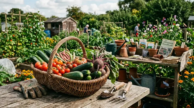 Freshly harvested selection of UK-grown vegetables and fruit in a wooden trug on a garden bench