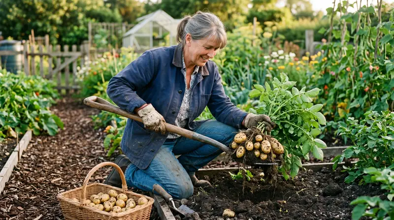 A UK gardener lifting a fork of first early potatoes from a vegetable bed in late June