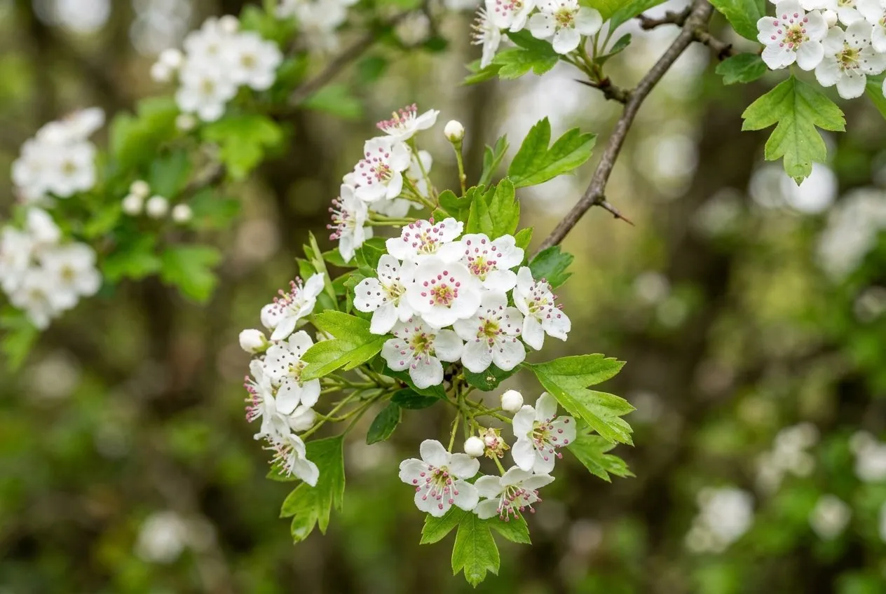 Hawthorn May blossom close-up showing white flower clusters with pink stamens in spring