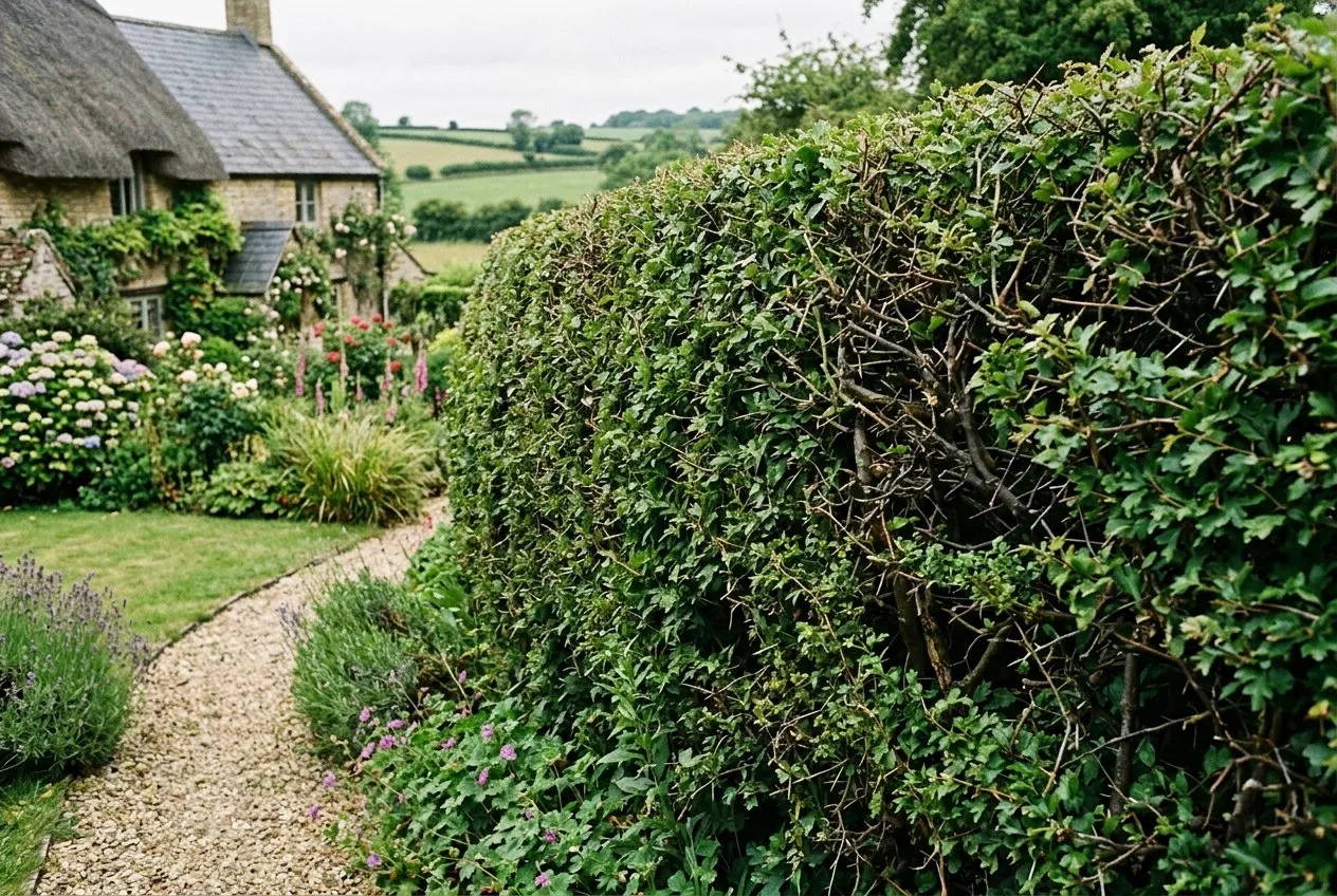 Hawthorn hedge forming a garden boundary with dense thorny growth in a UK garden