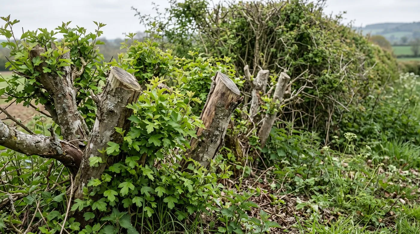 Hawthorn hedge cut hard back to low stumps, re-sprouting with dense fresh green shoots in spring