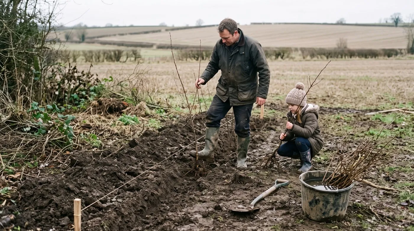 Father and daughter planting bare-root hawthorn whips in a zigzag double row along a string line