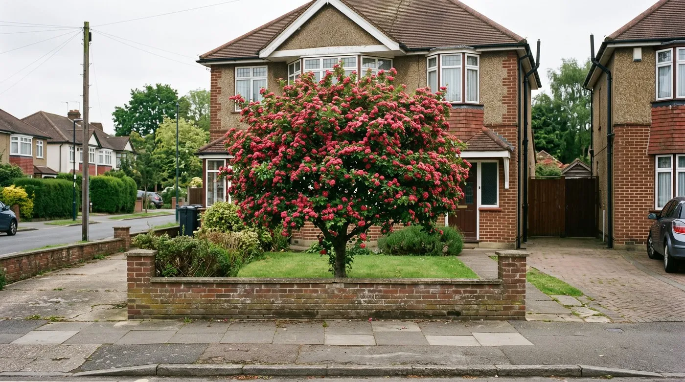 Paul's Scarlet hawthorn covered in double crimson flowers in a small suburban front garden