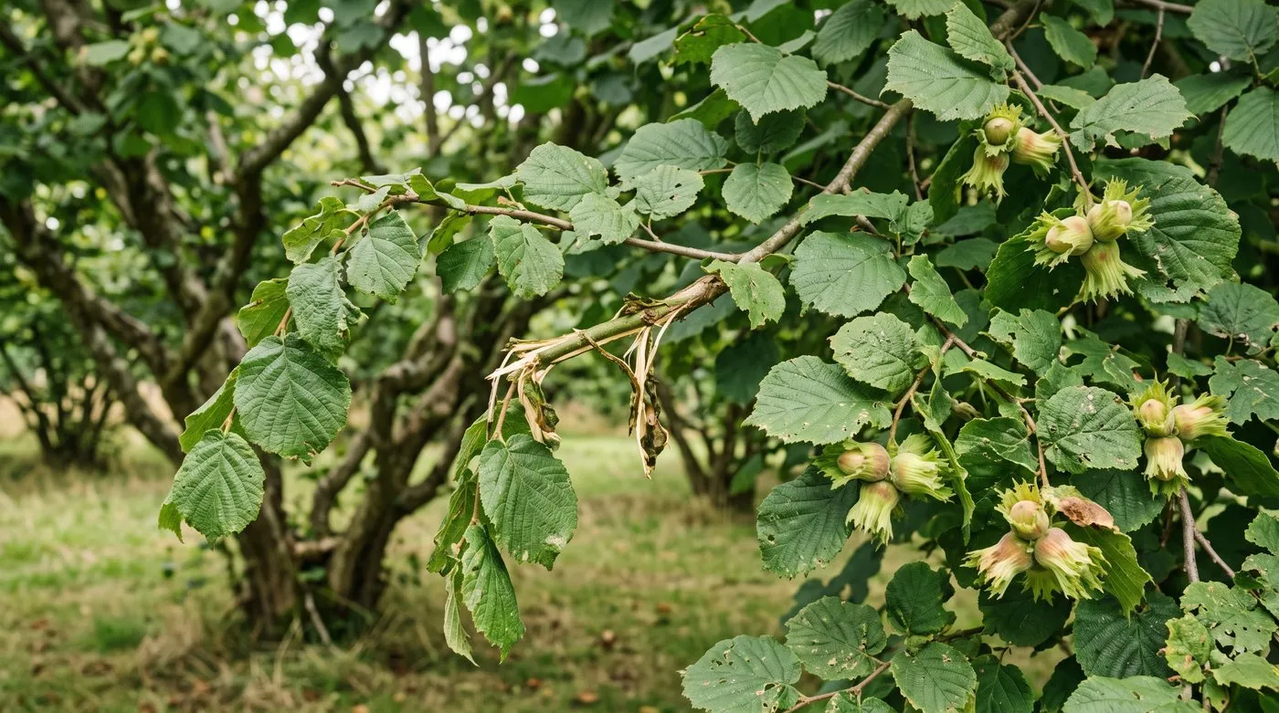 Cobnut tree with strong side shoots snapped halfway and left hanging, the traditional brutting method
