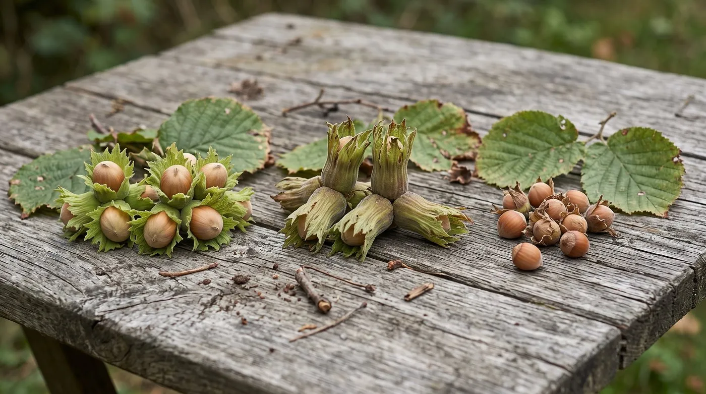 Cobnuts in short open husks beside filberts wrapped in long tube-shaped husks and small wild hazelnuts