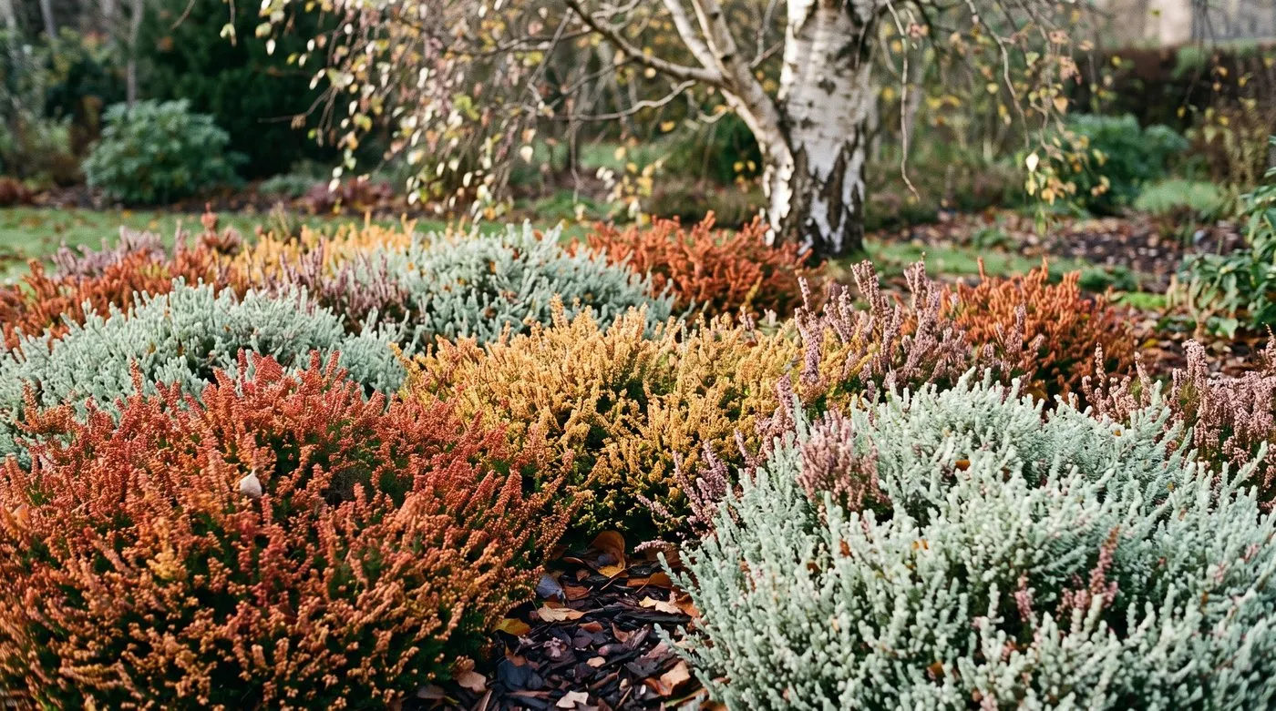 Ling heather drift with red-orange, golden and silver-grey foliage in a November garden
