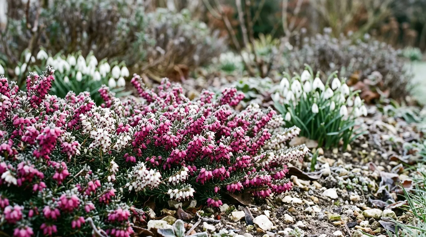 Winter heath Erica carnea with magenta and white bell flowers touched by frost in February