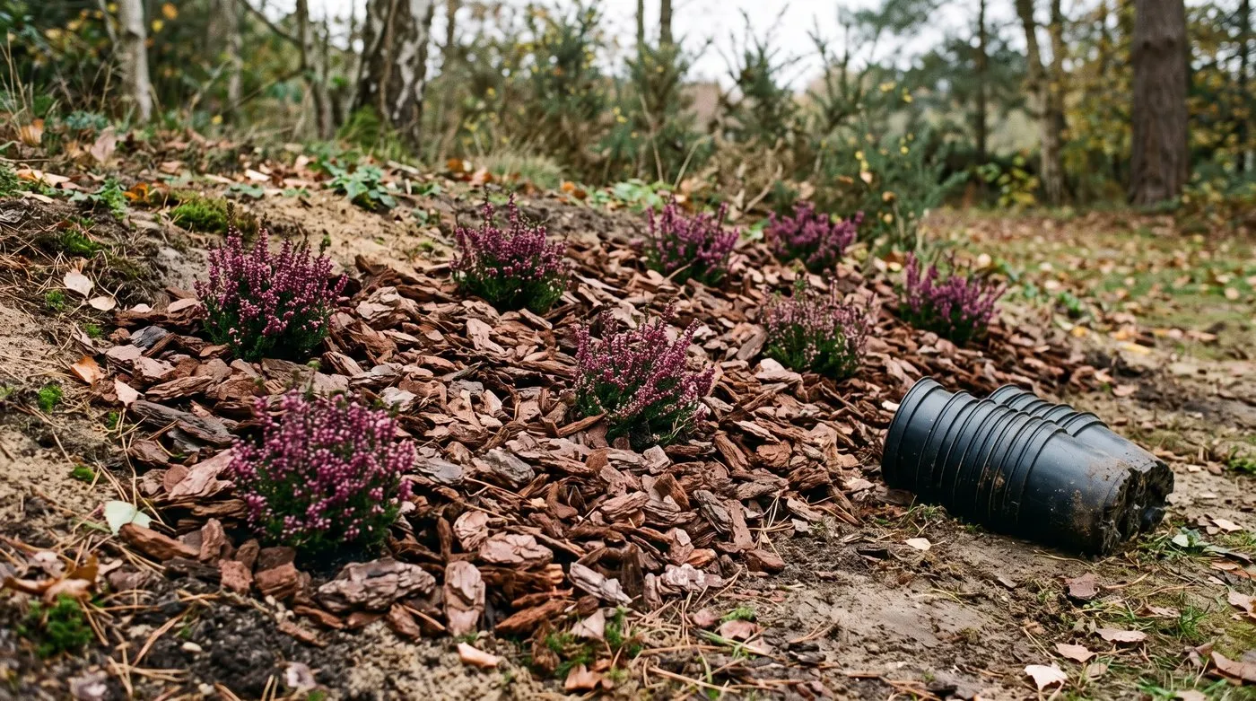 Drift of seven young heathers planted 35cm apart on a sunny bank and mulched with pine bark