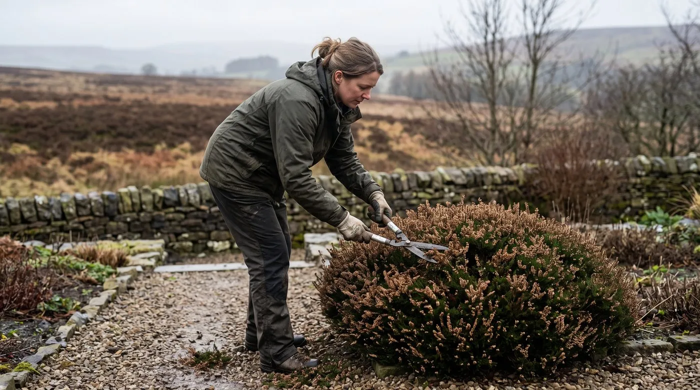 Woman trimming ling heather with shears in early spring, leaving a leafy rounded dome