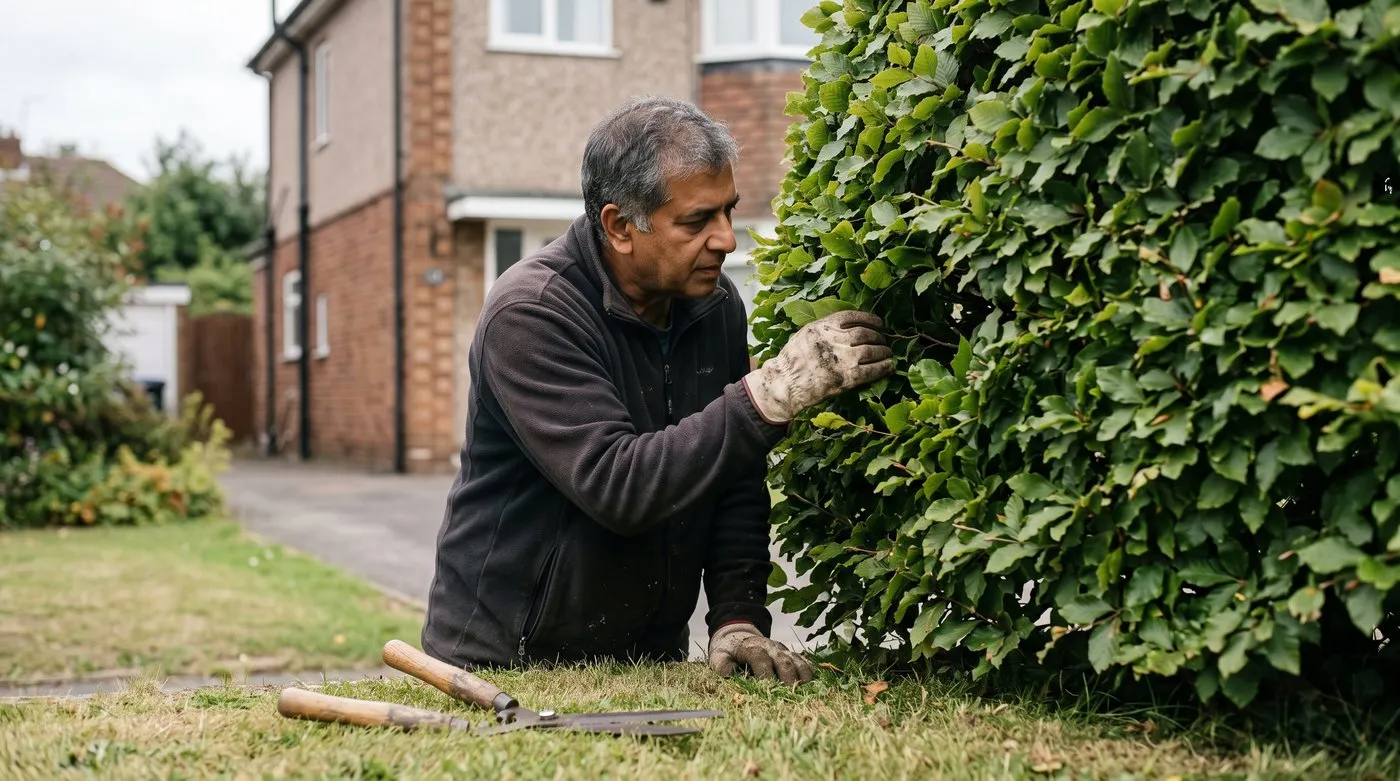 Gardener checking a beech hedge for active nests before trimming, with the hedge shaped wider at the base