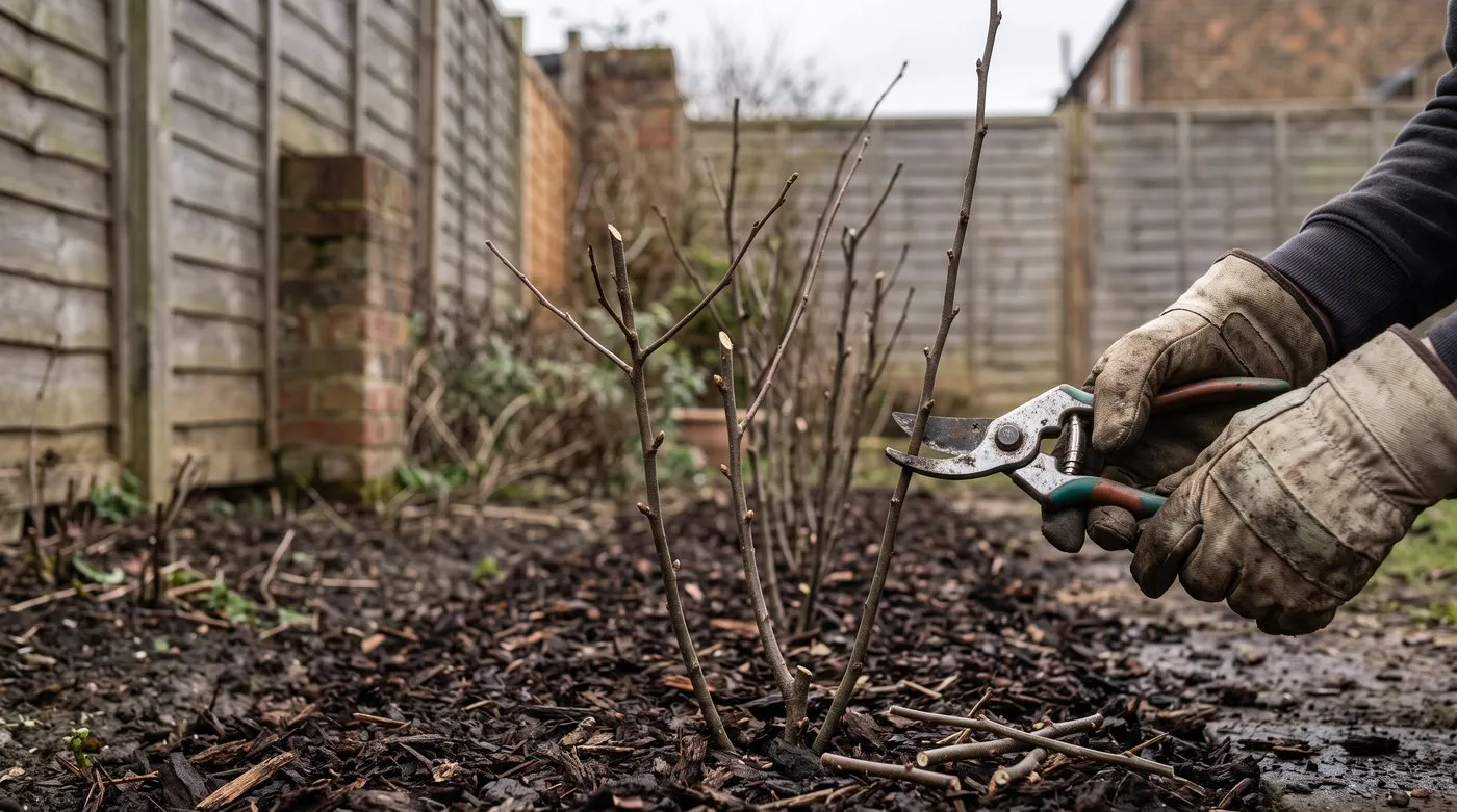 Bare-root hedge whips cut back by a third after planting, with secateurs and trimmings on the mulch
