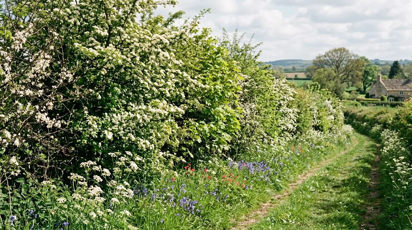 Mixed native hedge with hawthorn blossom and wildflowers at the base in a UK garden